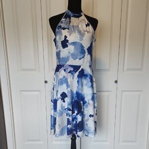 Blue Watercolor Flower Print Halter Midi Dress